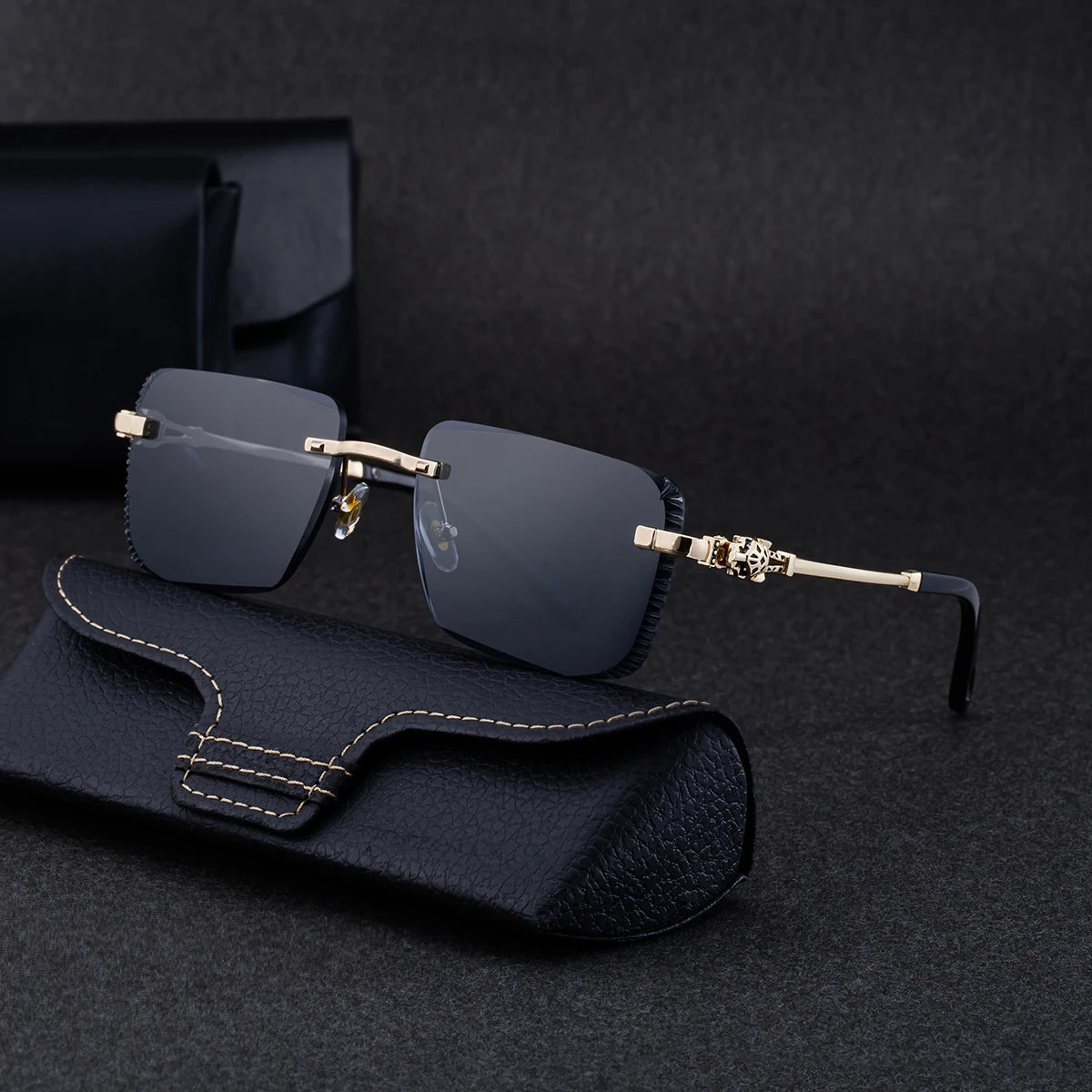 Designer Rimless Diamond Cut Lens Leopard Head UV400 Sunglasses for Men 