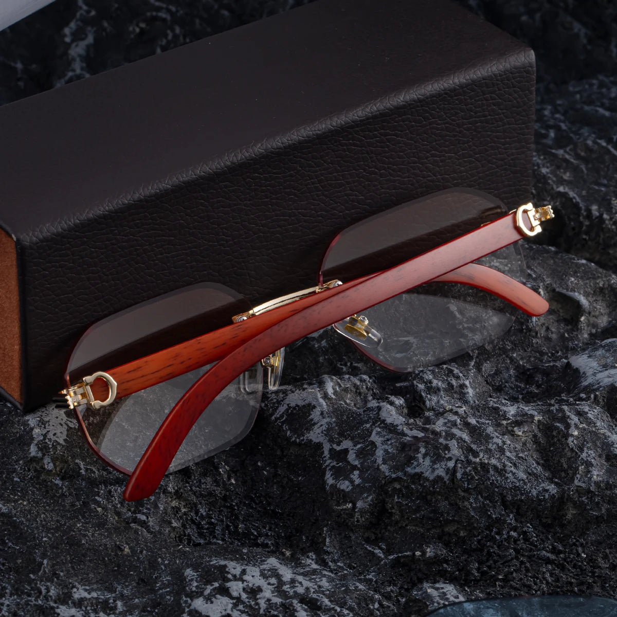  Designer Photochromic Rimless Diamond Cut Lens Wood Grain UV400 Sunglasses for Men