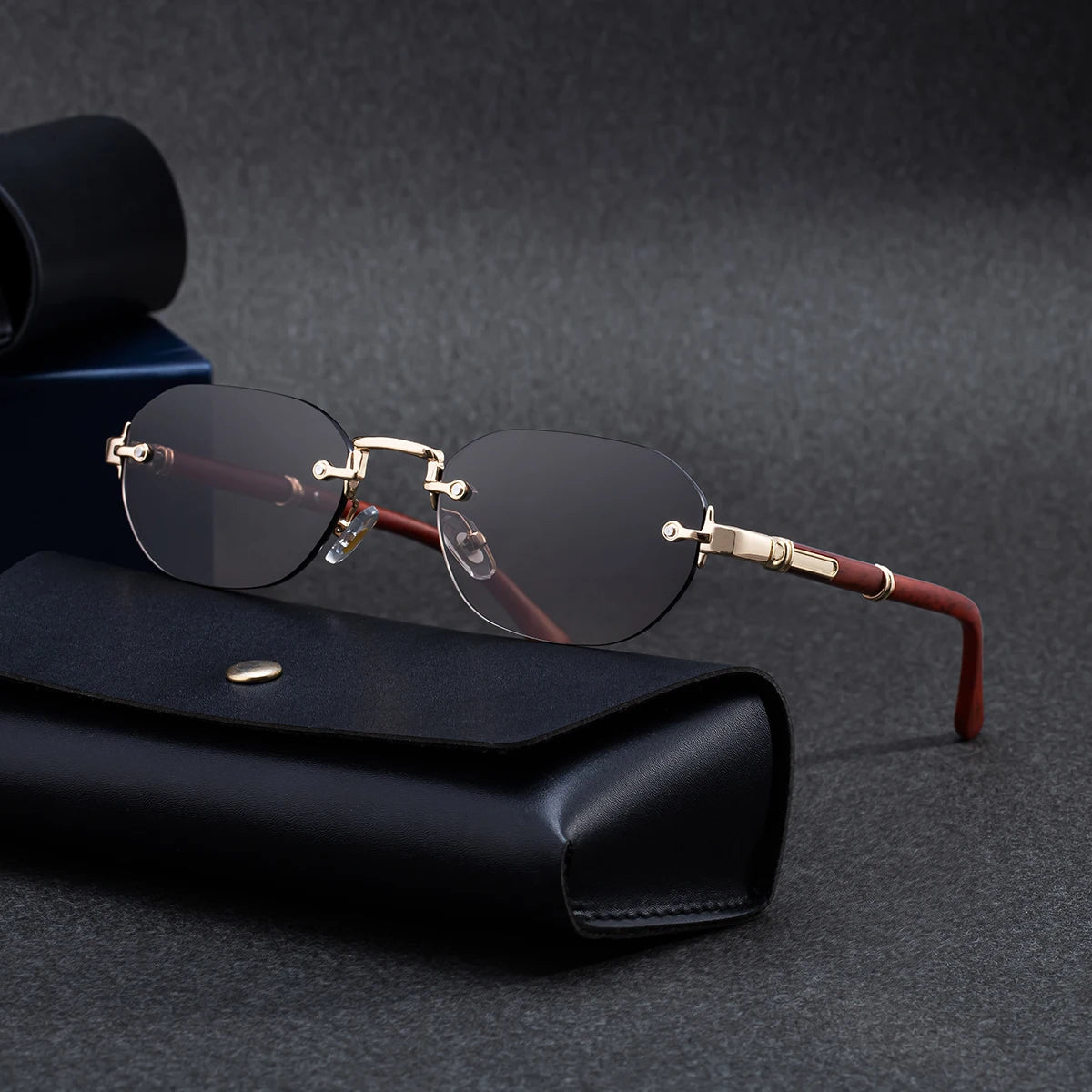 Designer Rimless Rectangle Wood Grain Colors Temples UV400 Sunglasses for Men