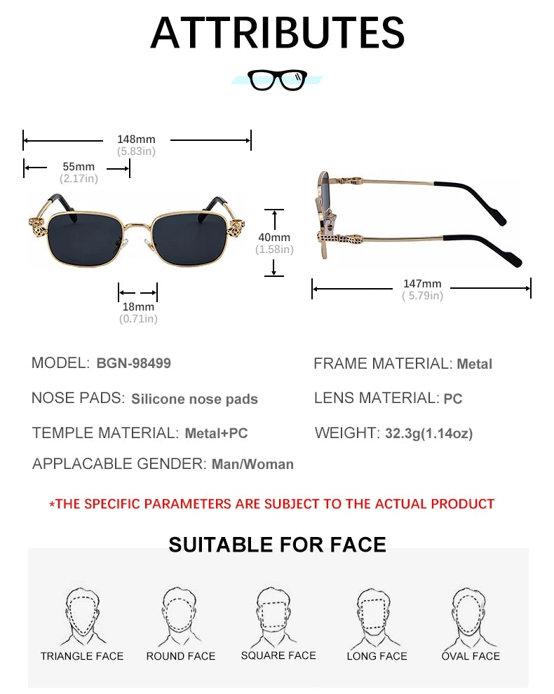  Designer Leopard Head Rectangle Metal UV400 Sunglasses for Men