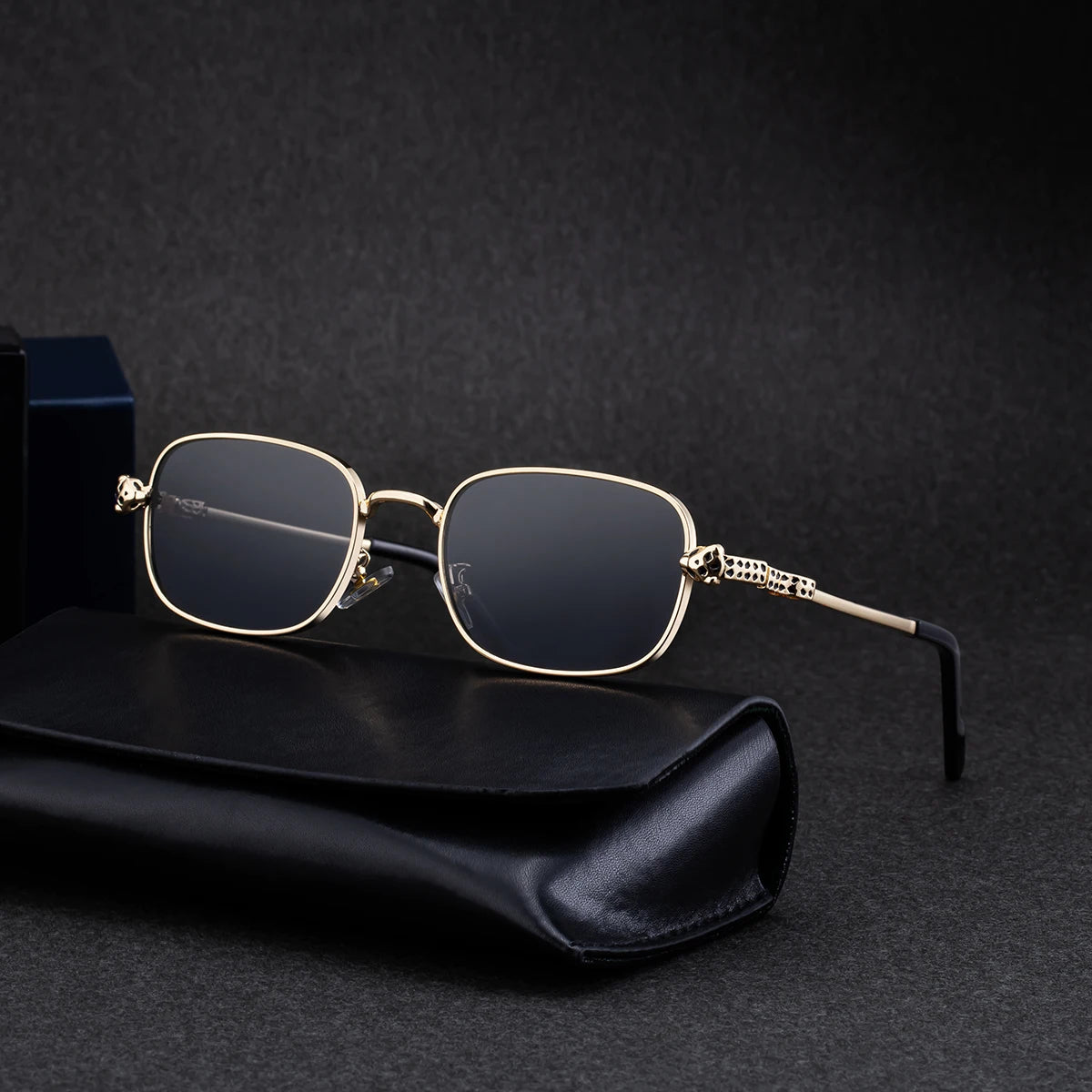  Designer Leopard Head Rectangle Metal UV400 Sunglasses for Men