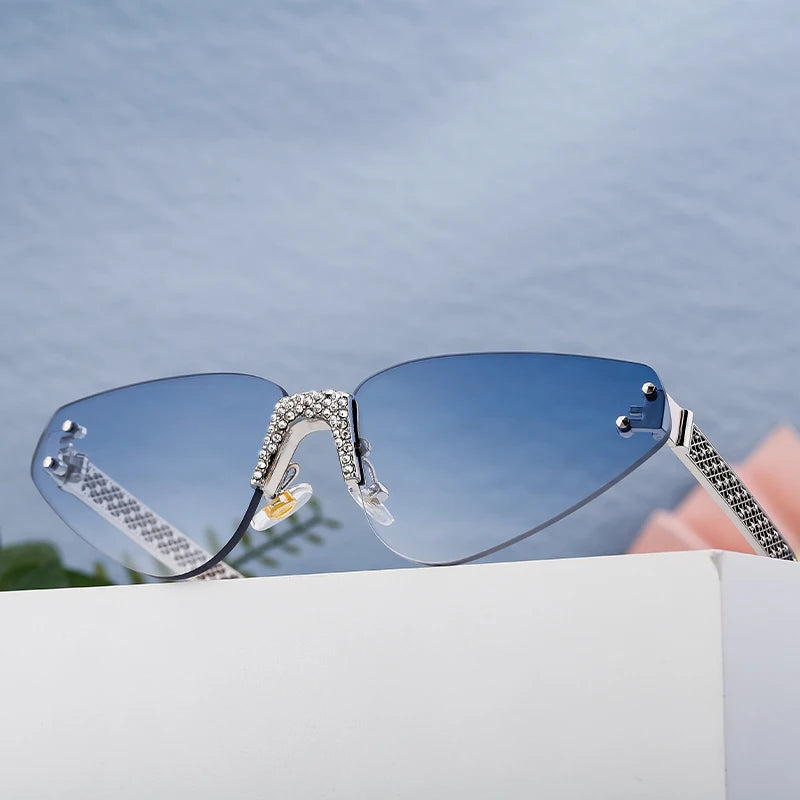 Designer Rimless Rhinestone Metal Temples UV400 Sunglasses for Women