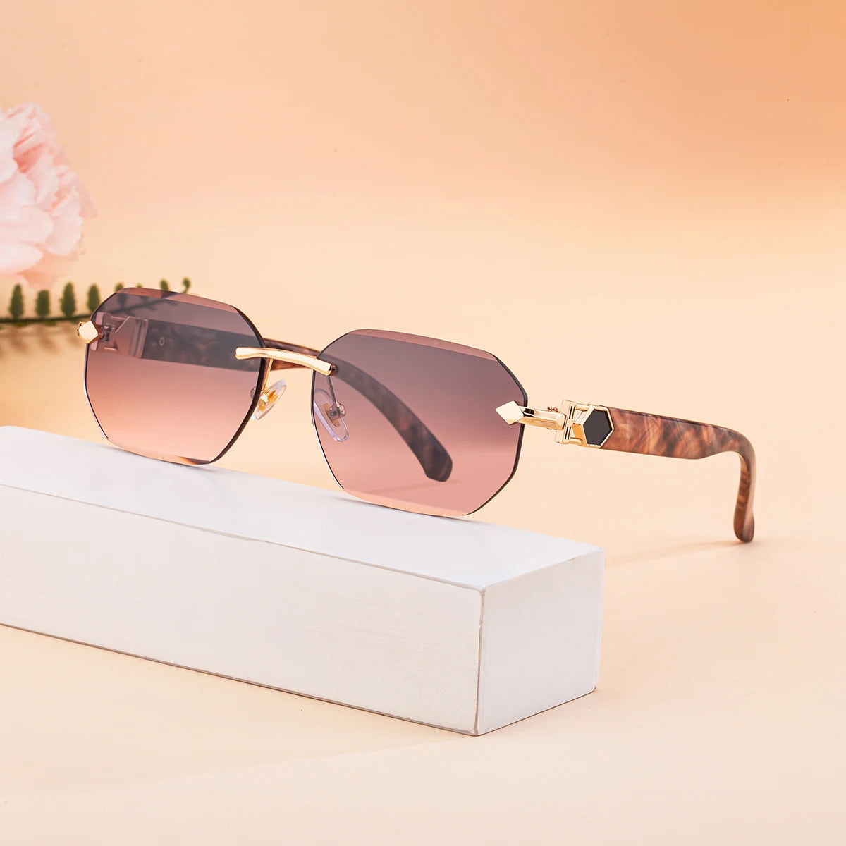 Designer Rimless Rectangle Diamond Cut Lens UV400 Sunglasses for Women