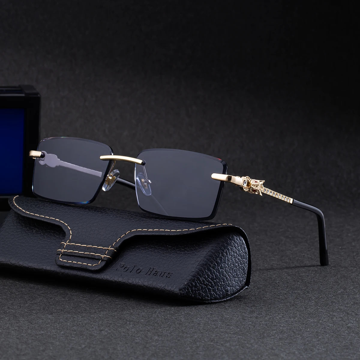 Designer Rimless Rectangle Leopard Head with Rhinestone UV400 Sunglasses for Men