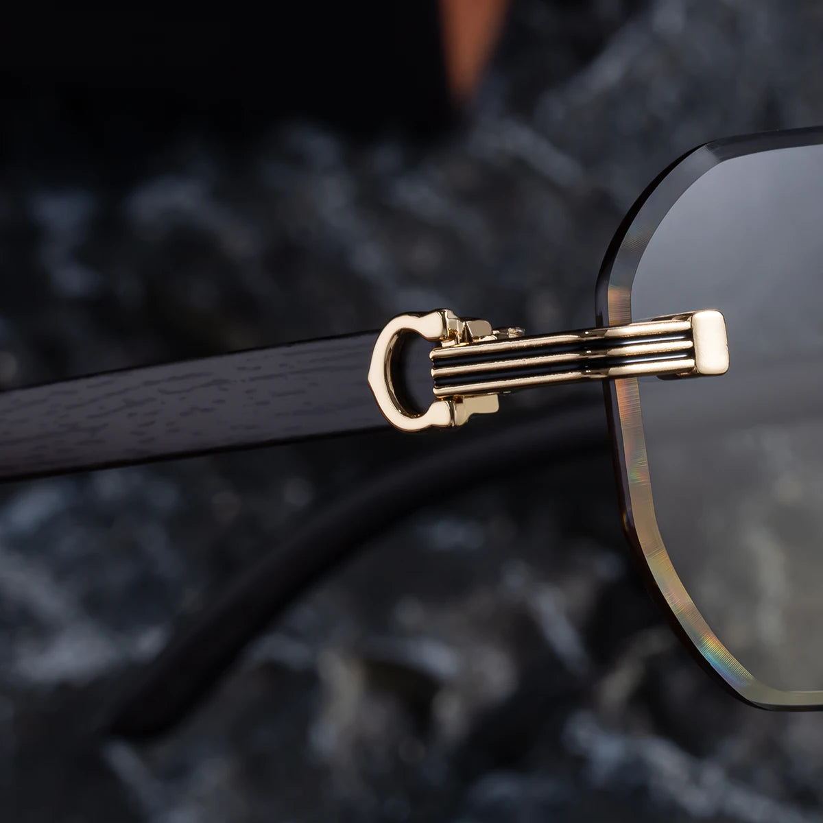  Designer Photochromic Rimless Diamond Cut Lens Wood Grain UV400 Sunglasses for Men