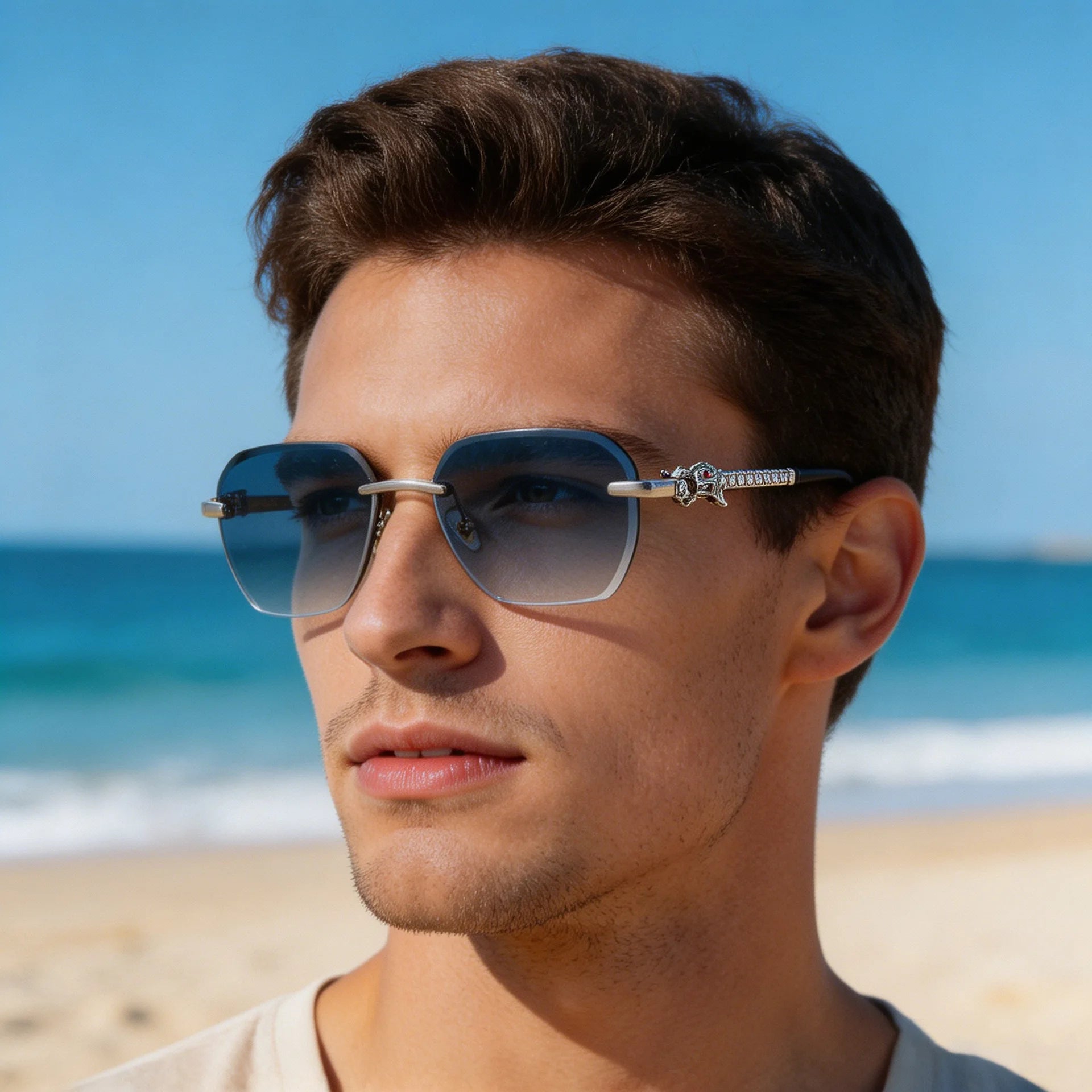  Designer Rimless Leopard Head UV400 Protection Sunglasses for Men