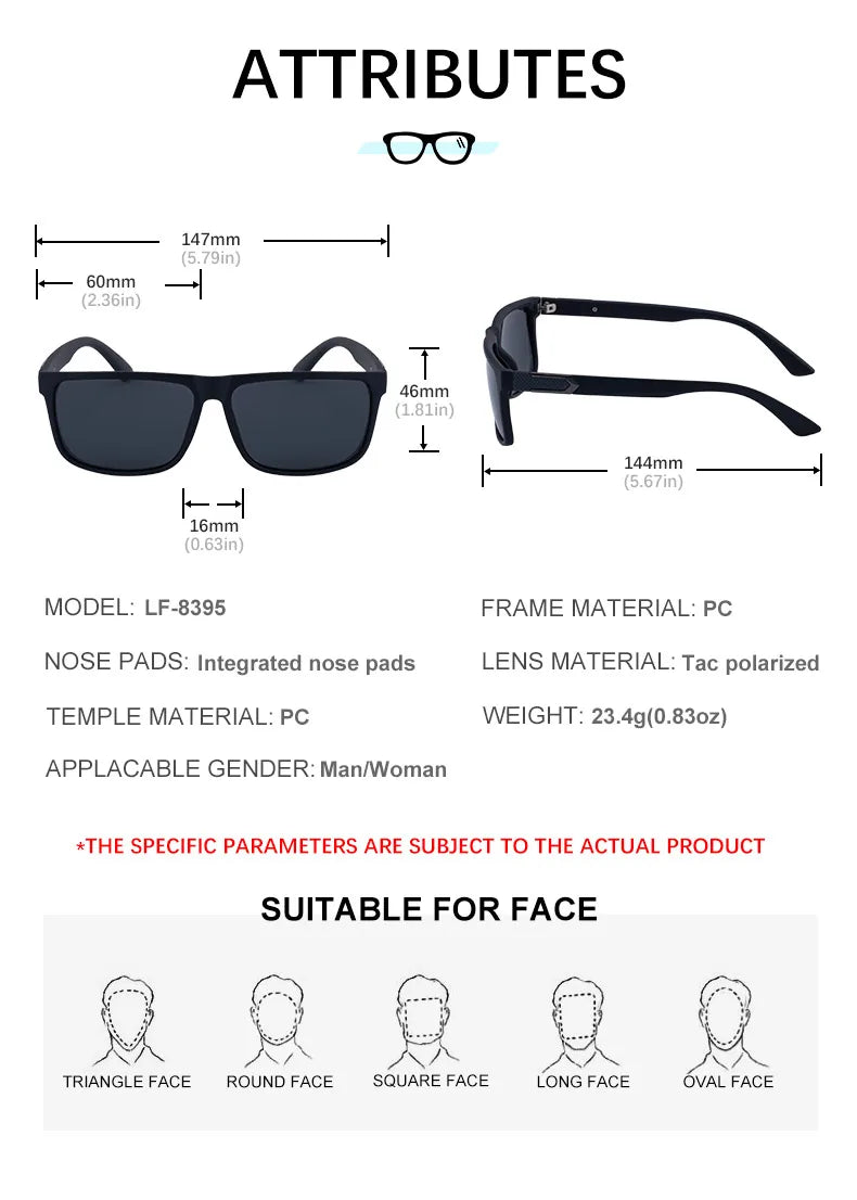 Square Polarized Fishing Driving UV400 Protection Sunglasses for Men