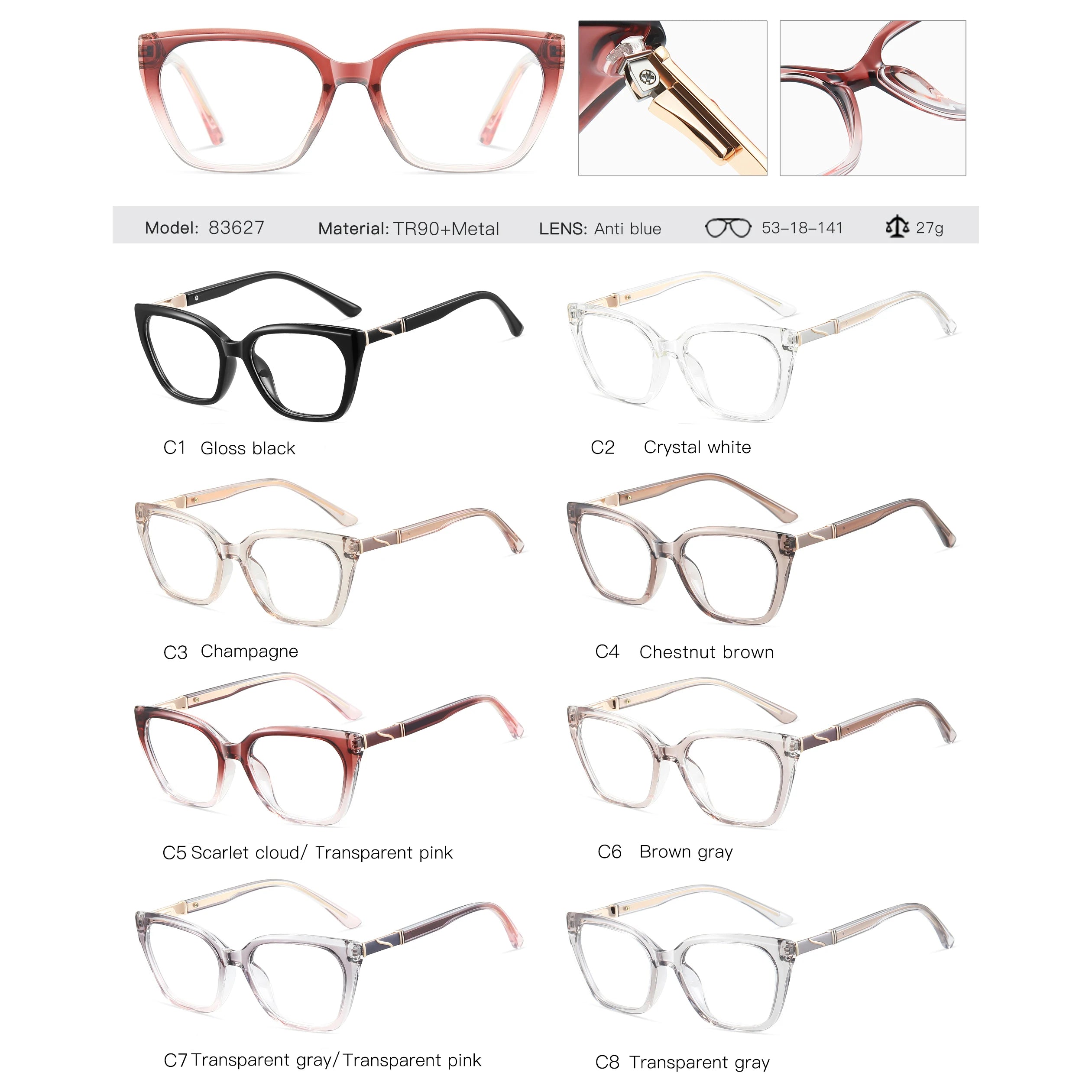 Fashion TR90 Cat Eye Spring Hinge Eyeglasses for Women