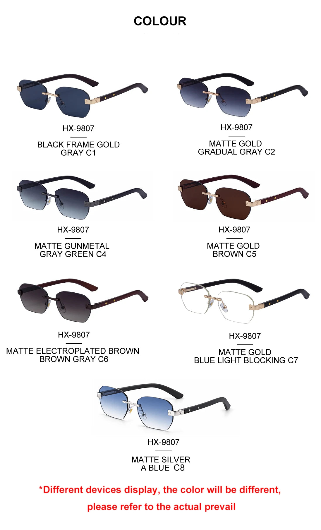 Designer Rimless Wood Grain Colors Temples UV400 Sunglasses for Men
