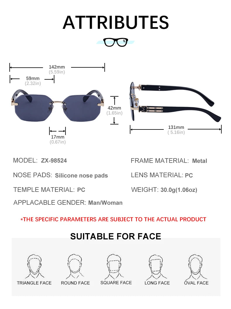  Designer Polygonal Diamond Cut Lens Rimless UV400 Sunglasses for Women