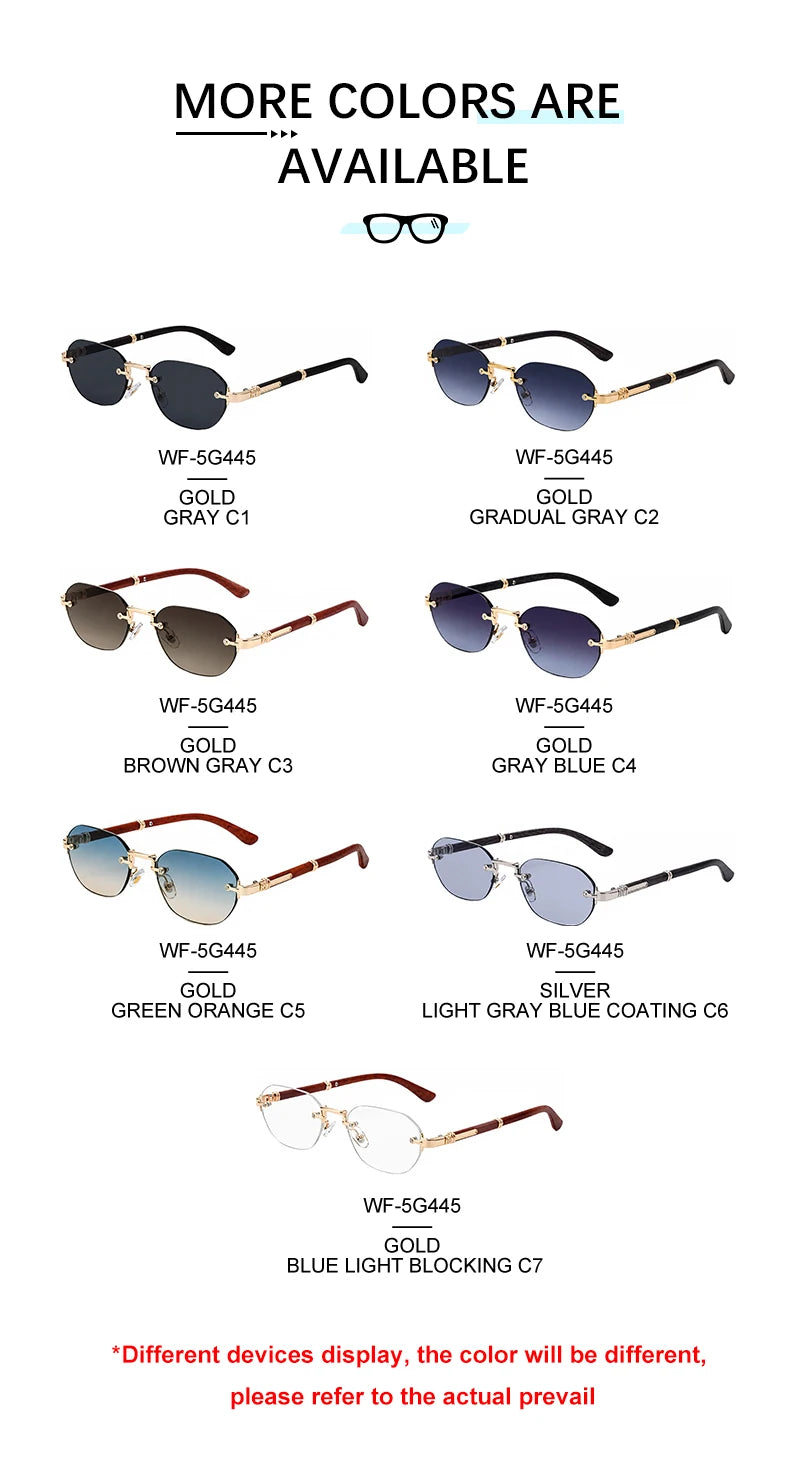 Designer Rimless Rectangle Wood Grain Colors Temples UV400 Sunglasses for Men