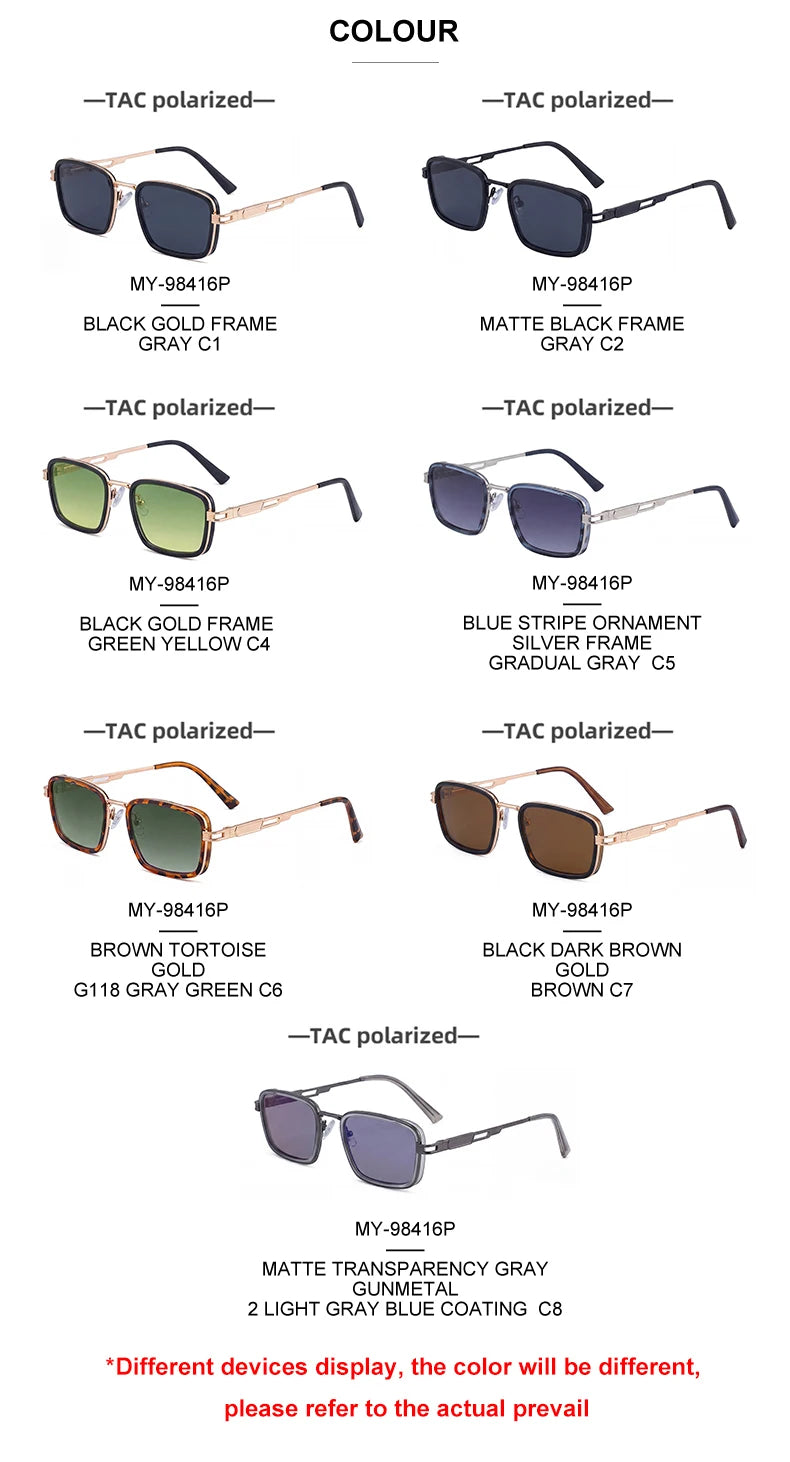  Designer Rectangle Metal Spring Hinge Polarized Driving UV400 Sunglasses for Men
