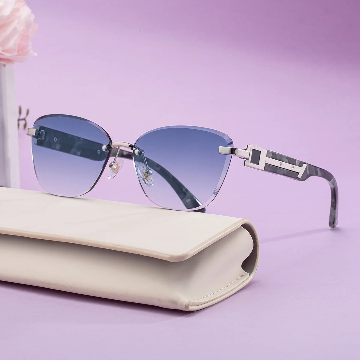Designer Rimless Cat Eye Diamond Cut Lens UV400 Sunglasses for Women