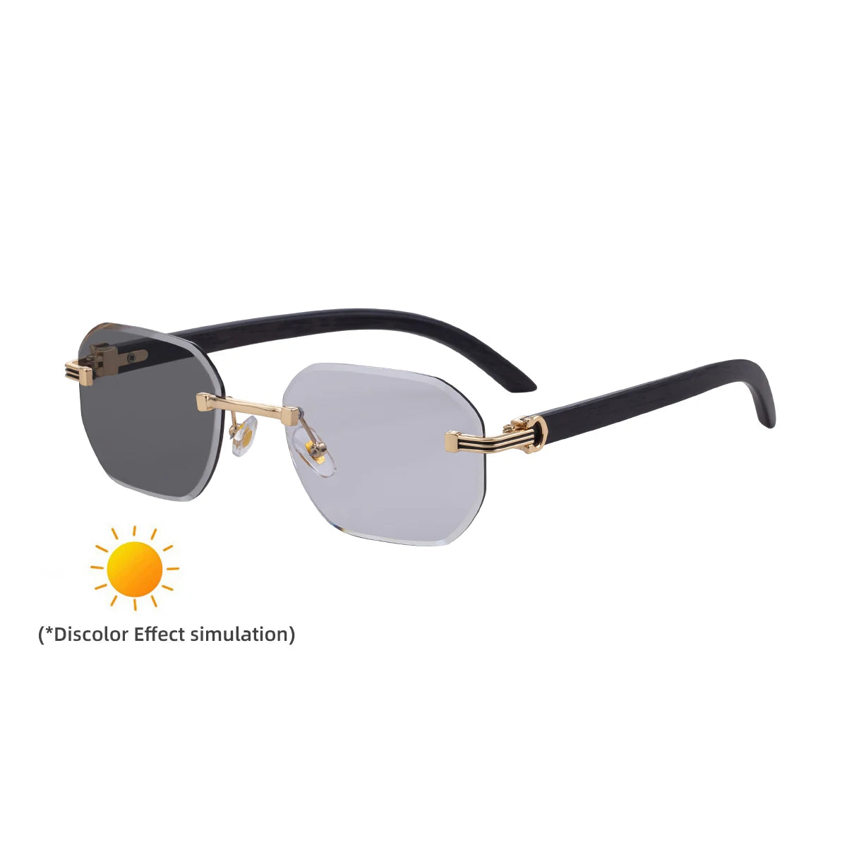  Designer Photochromic Rimless Diamond Cut Lens Wood Grain UV400 Sunglasses for Men