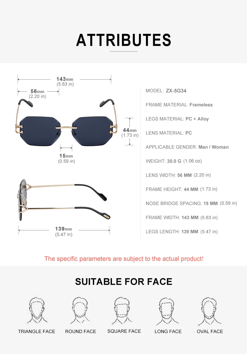  Designer Rimless Diamond Cut Lens UV400 Sunglasses for  Women & Men
