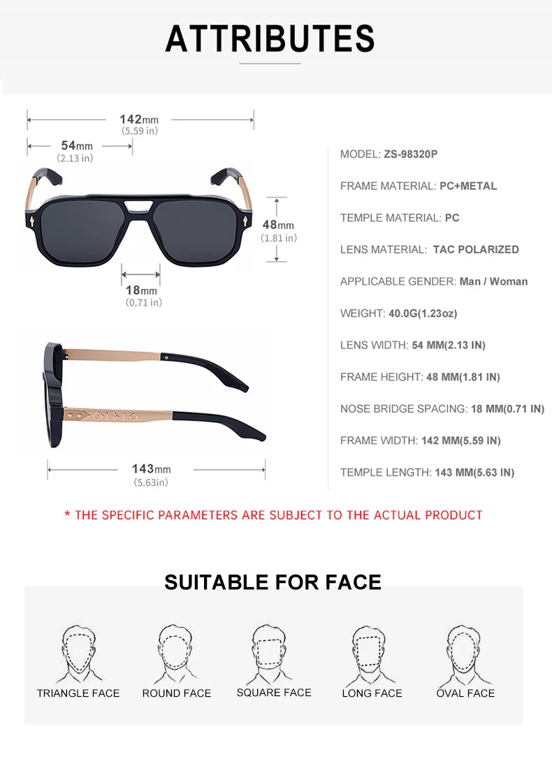 Designer Polarized Fishing Driving Square Double Bridge UV400 Sunglasses for Men