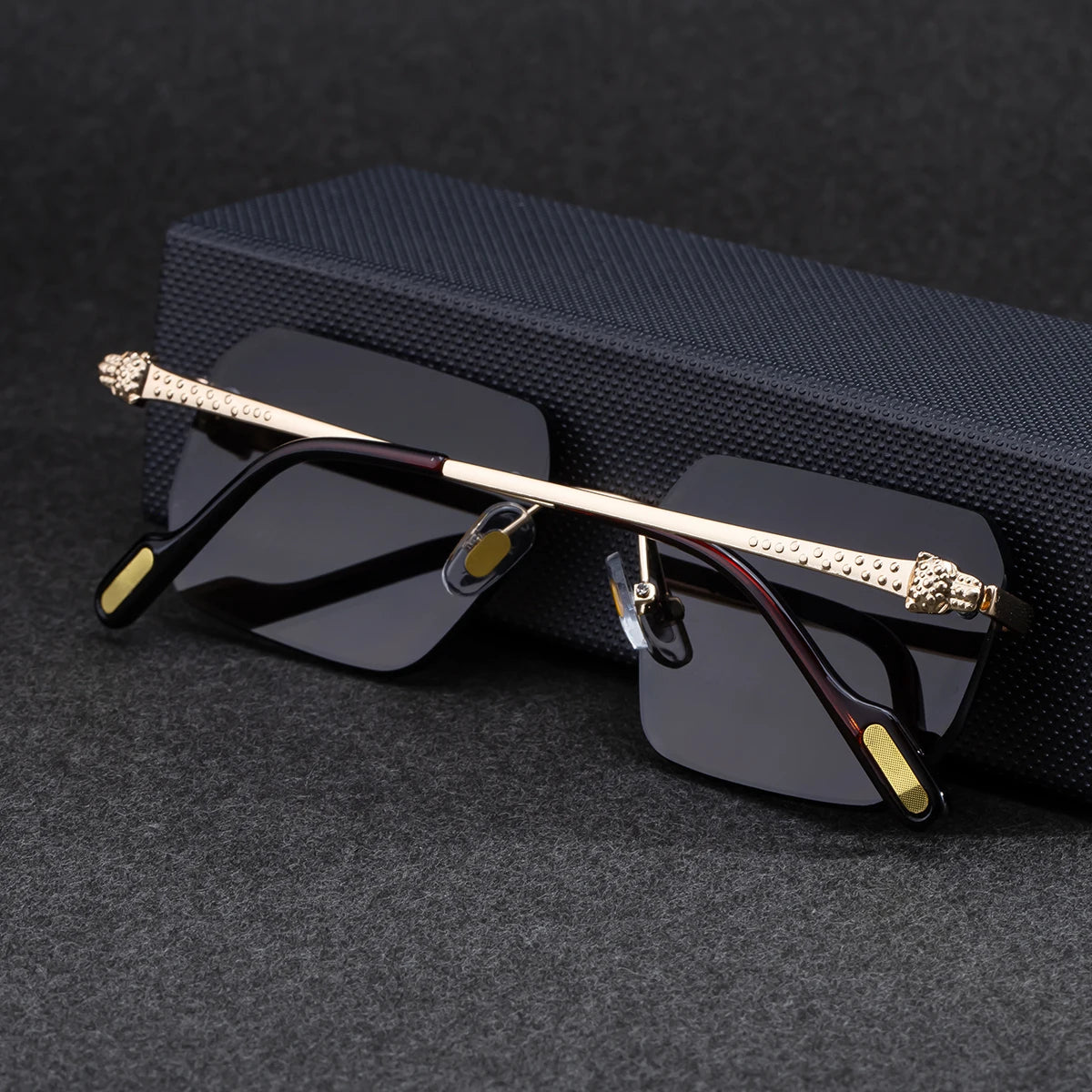  Designer Rimless Rectangle Leopard Head UV400 Shades Sun Glasses Sunglasses for Men