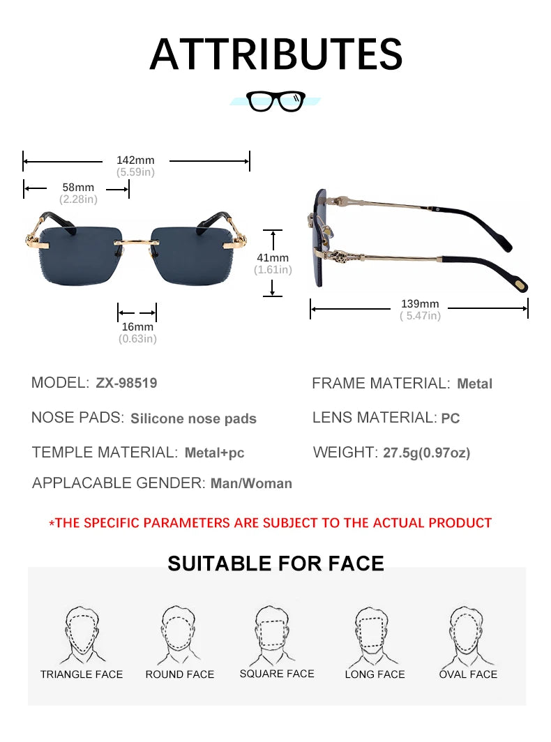 Designer Rimless Diamond Cut Lens Leopard Head UV400 Sunglasses for Men 