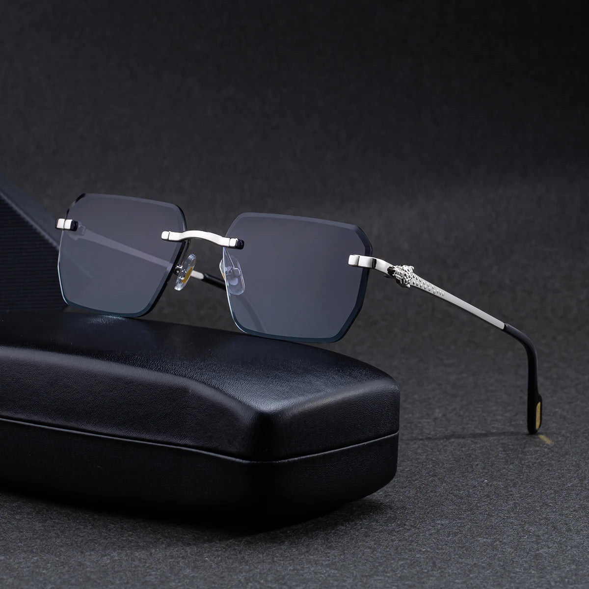  Designer Rimless Rectangle Leopard Head UV400 Shades Sun Glasses Sunglasses for Men