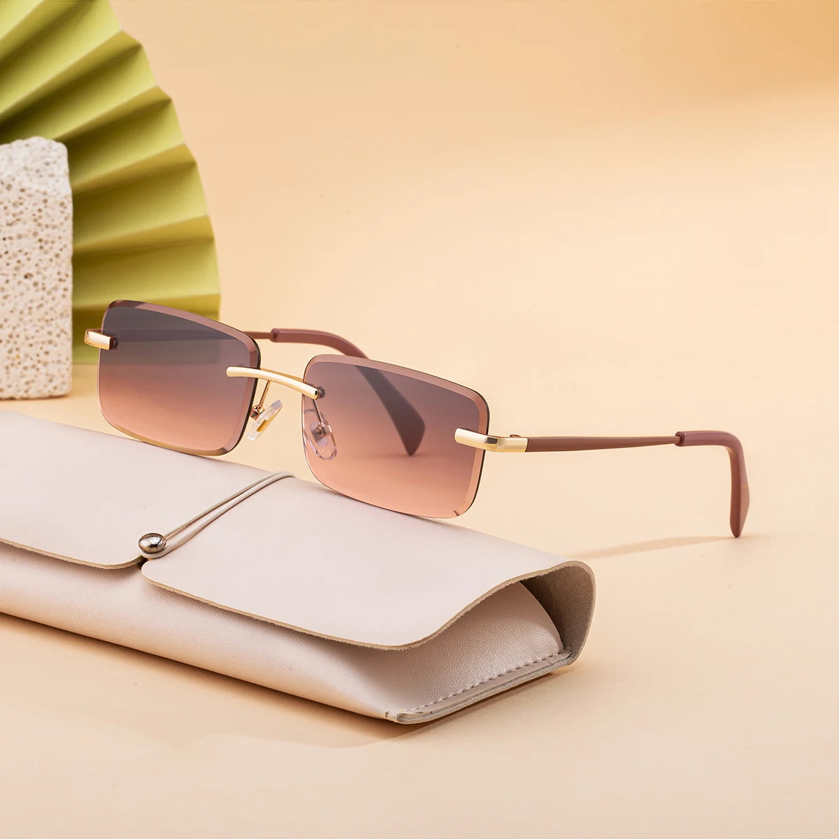 Designer Rectangle Rimless Diamond Cut Lens UV400 Sunglasses for Women