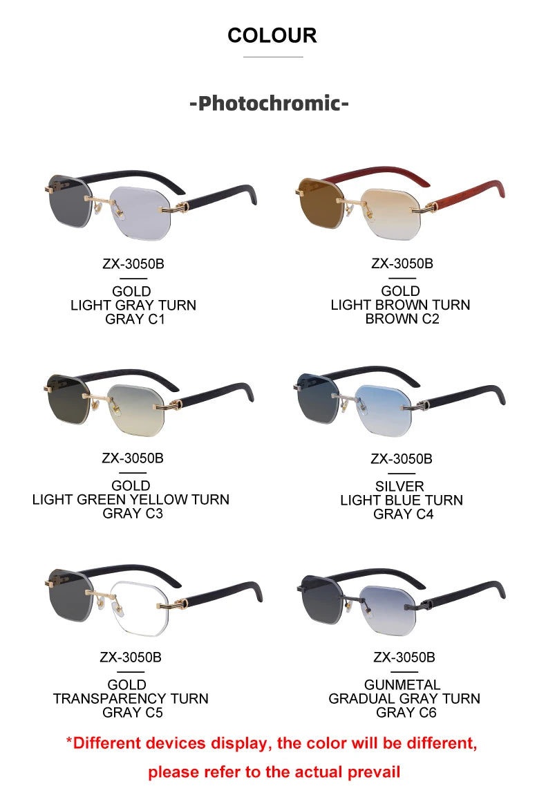  Designer Photochromic Rimless Diamond Cut Lens Wood Grain UV400 Sunglasses for Men