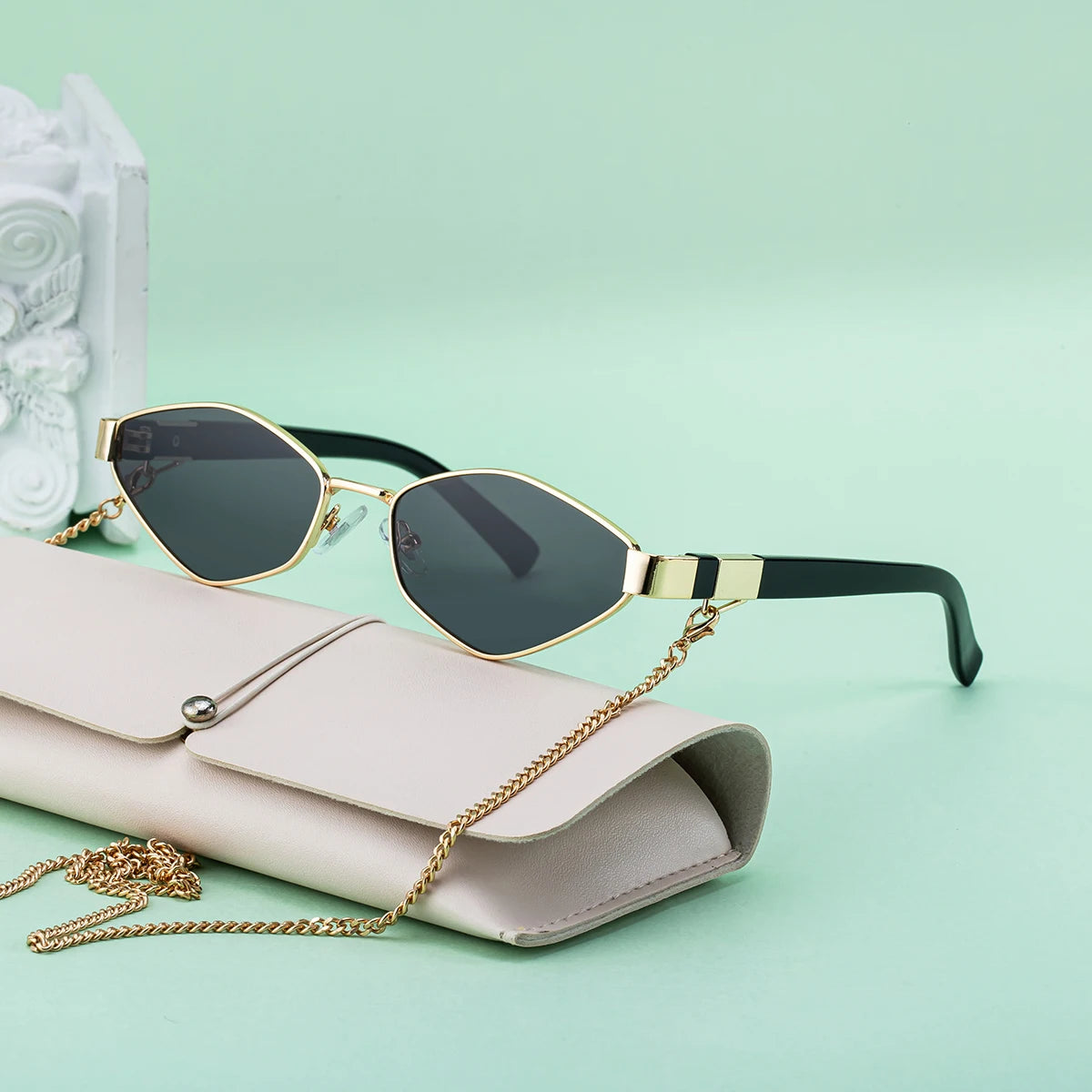  Designer Polygonal Metal with Chain UV400 Sunglasses for Women