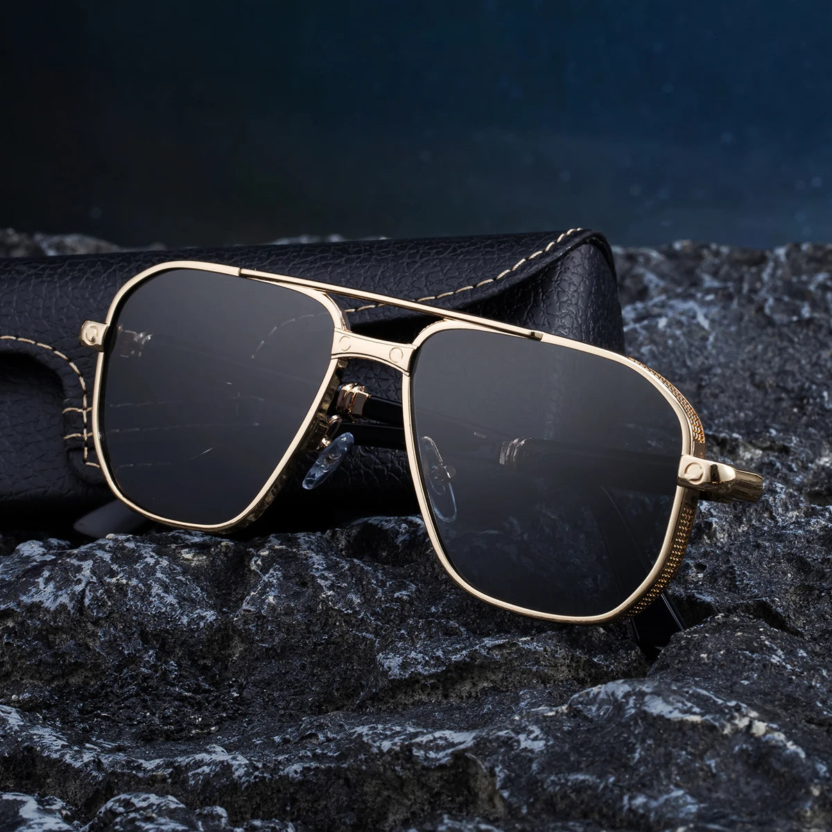  Designer Square Metal Double Bridge UV400 Sunglasses for Men