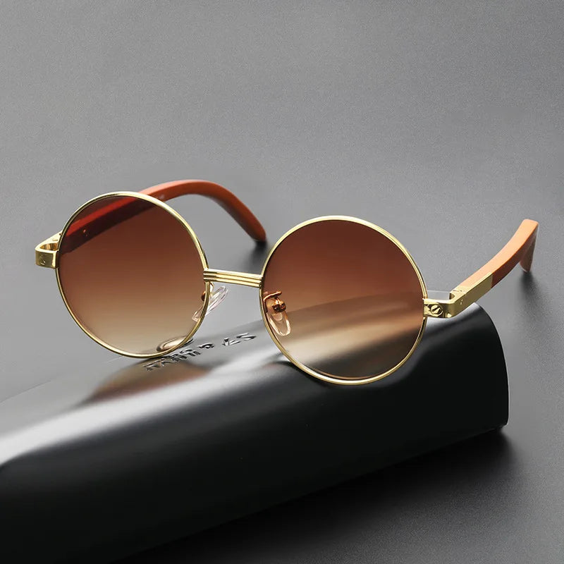  Retro Vintage Metal round Frame Wooden Temples UV400 Sunglasses for Women 