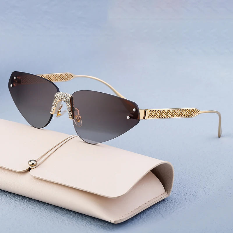 Designer Rimless Rhinestone Metal Temples UV400 Sunglasses for Women