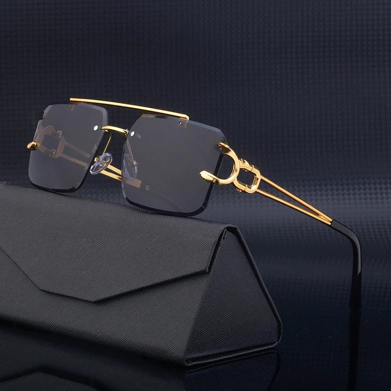 Designer Rimless Square Double Bridge Leopard Head UV400 Sunglasses for Men