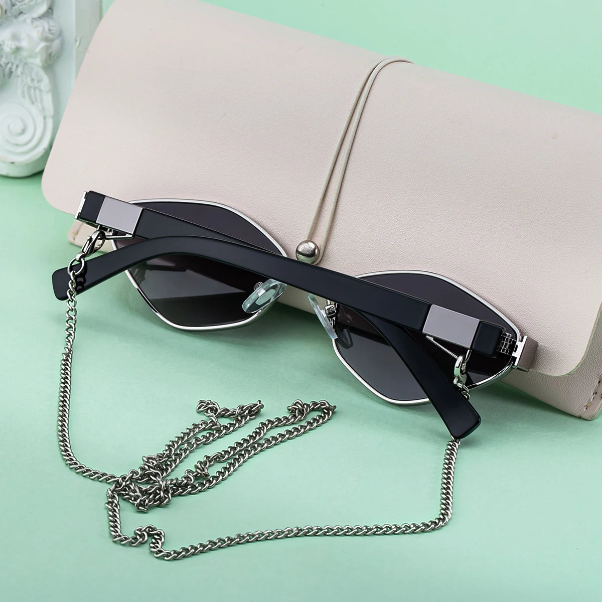  Designer Polygonal Metal with Chain UV400 Sunglasses for Women
