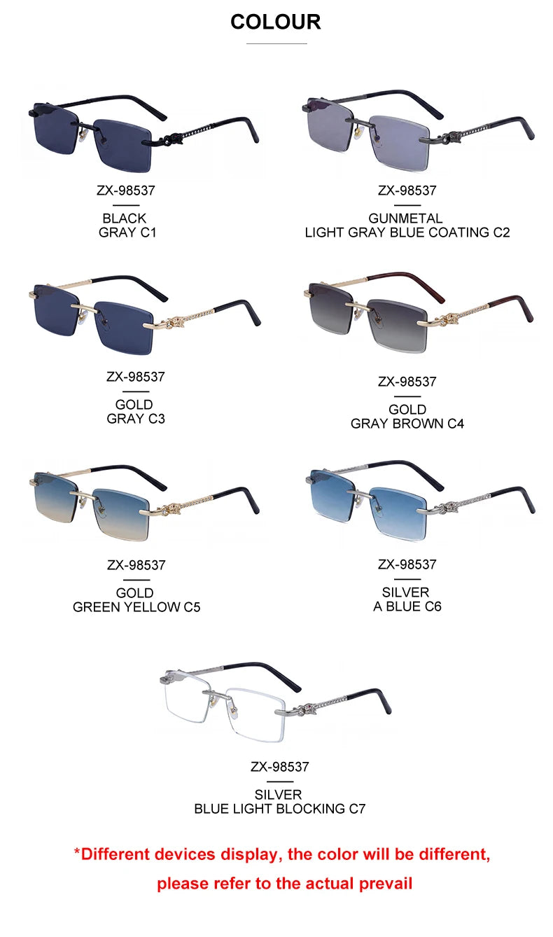 Designer Rimless Rectangle Leopard Head with Rhinestone UV400 Sunglasses for Men