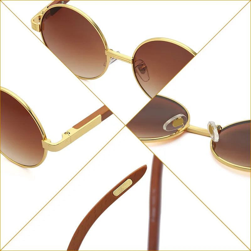  Retro Vintage Metal round Frame Wooden Temples UV400 Sunglasses for Women 