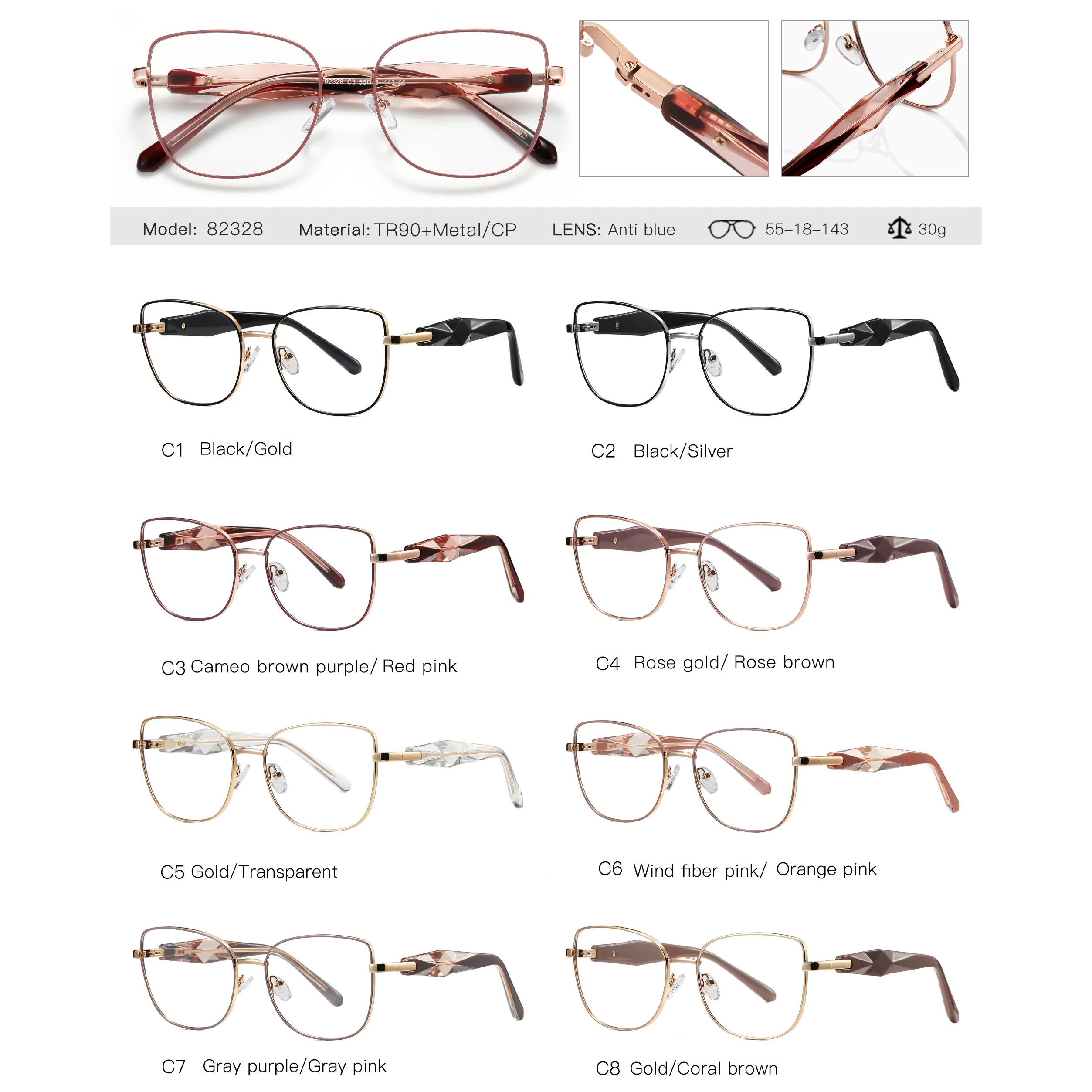 Square Metal Frame CP Pin-In Spring Hinge Eyeglasses for Women