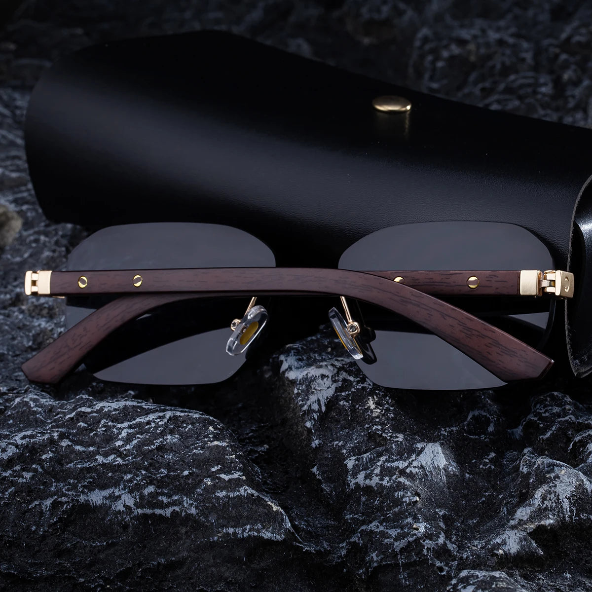 Designer Rimless Wood Grain Colors Temples UV400 Sunglasses for Men