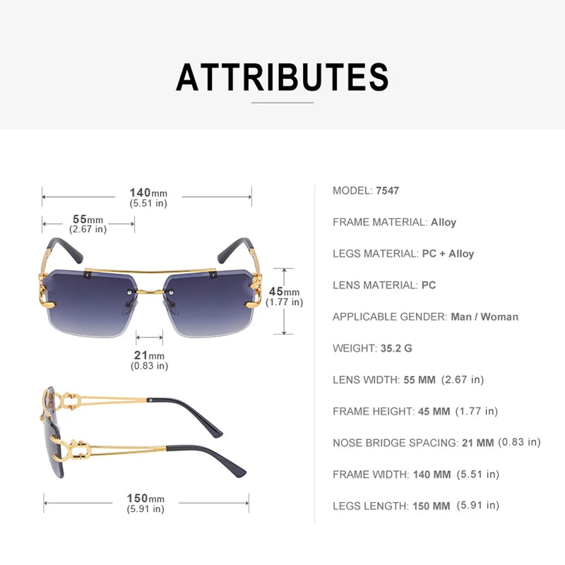 Designer Rimless Square Double Bridge Leopard Head UV400 Sunglasses for Men