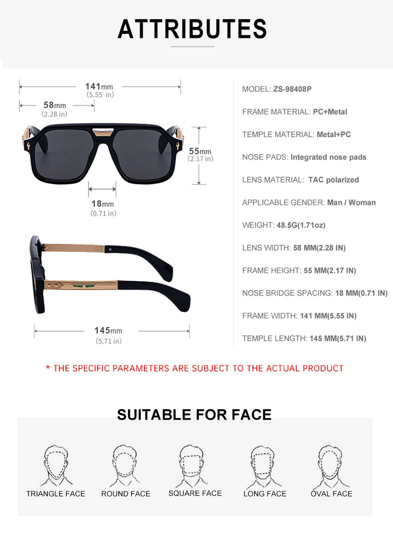  Retro Designer Oversized Square Double Bridge Polarized UV400 Sunglasses for Menor Men