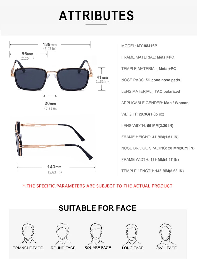  Designer Rectangle Metal Spring Hinge Polarized Driving UV400 Sunglasses for Men
