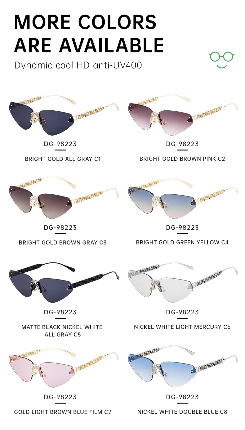 Designer Rimless Rhinestone Metal Temples UV400 Sunglasses for Women