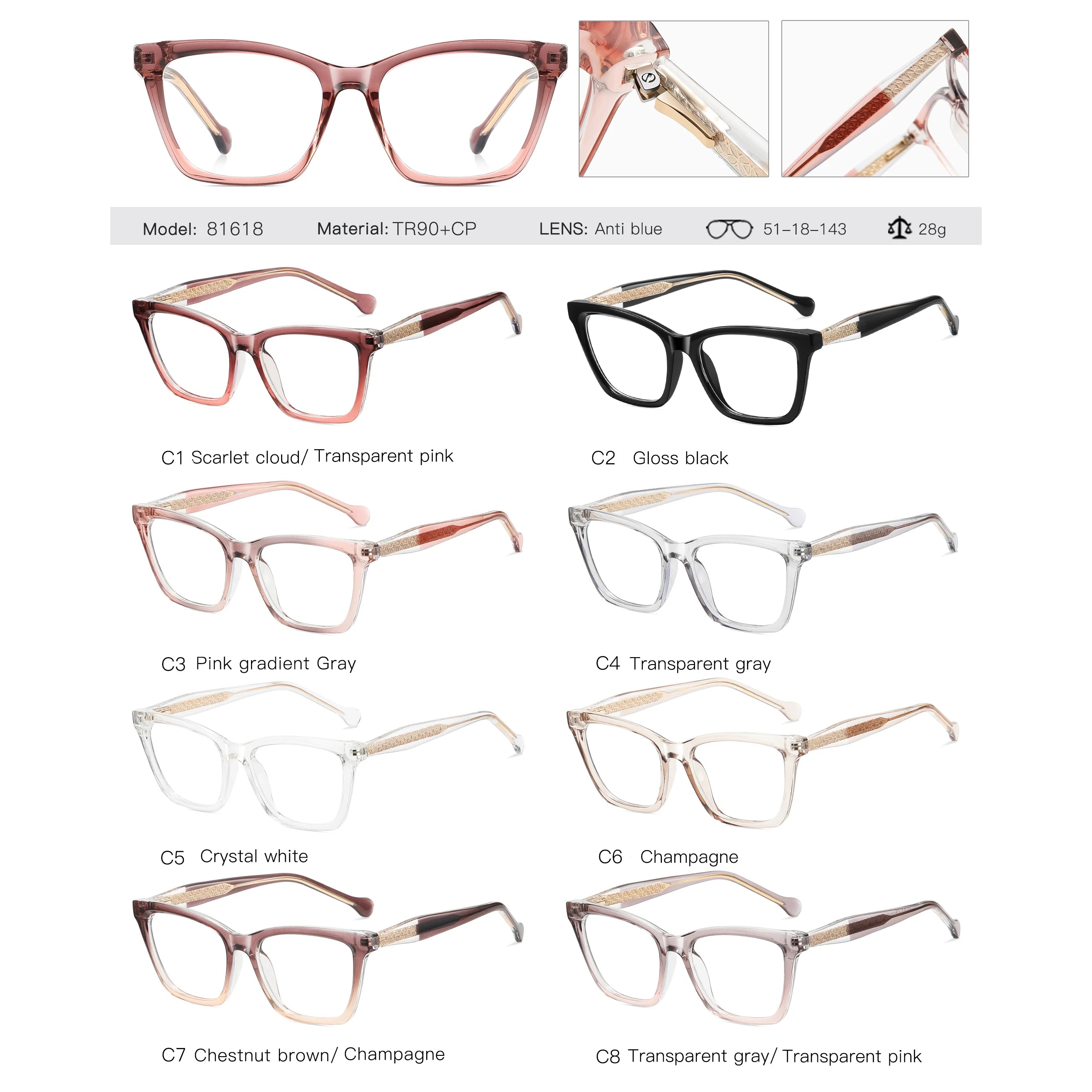  Square TR90 Spring Hinge CP Arms Eyeglasses for Women