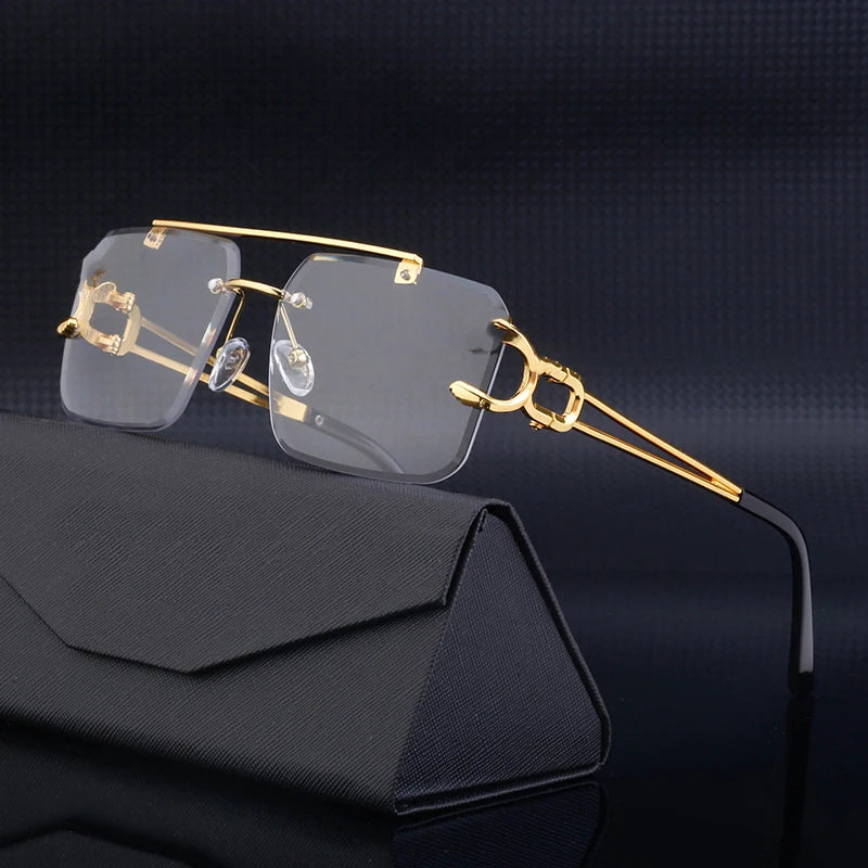 Designer Rimless Square Double Bridge Leopard Head UV400 Sunglasses for Men