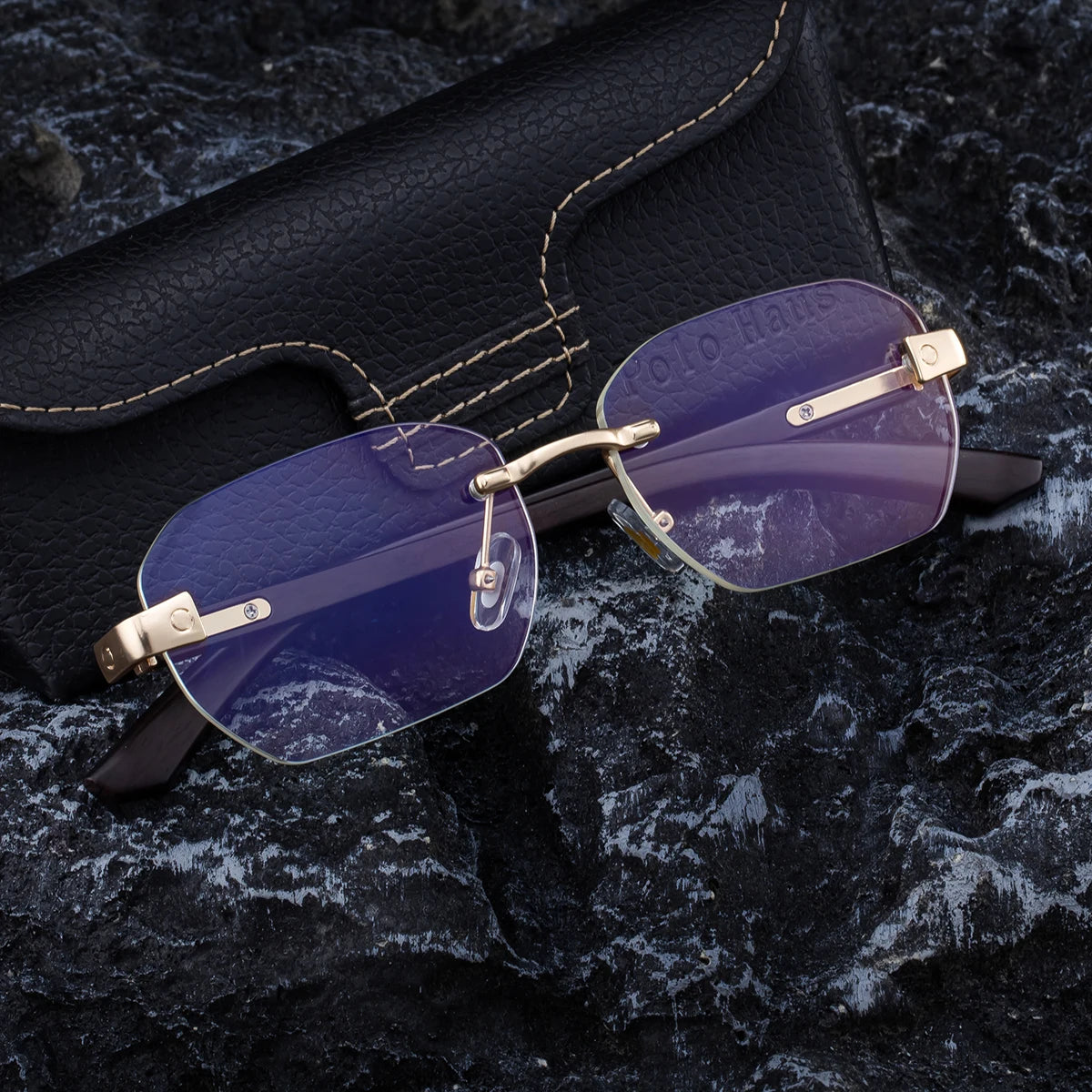 Designer Rimless Wood Grain Colors Temples UV400 Sunglasses for Men