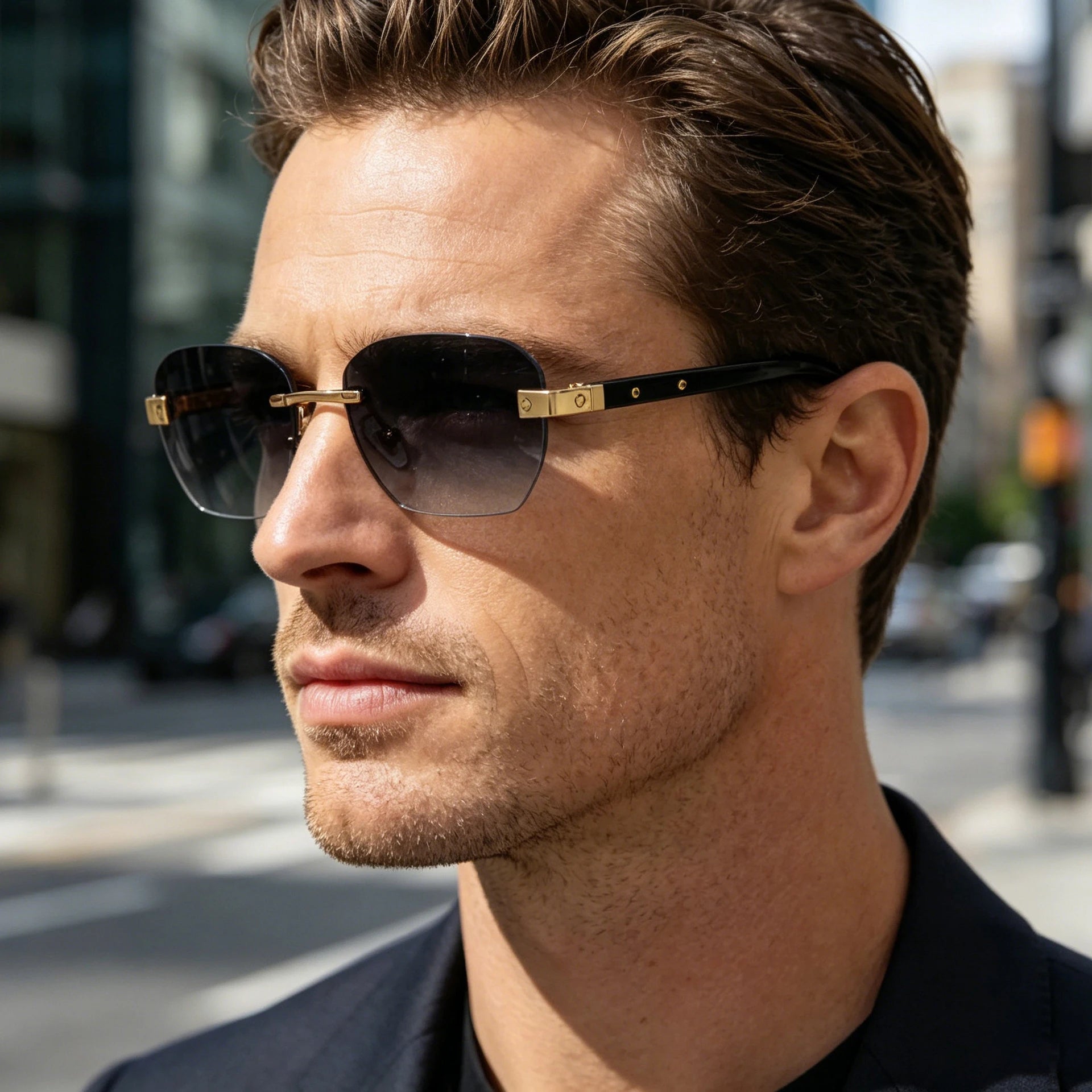 Designer Rimless Wood Grain Colors Temples UV400 Sunglasses for Men