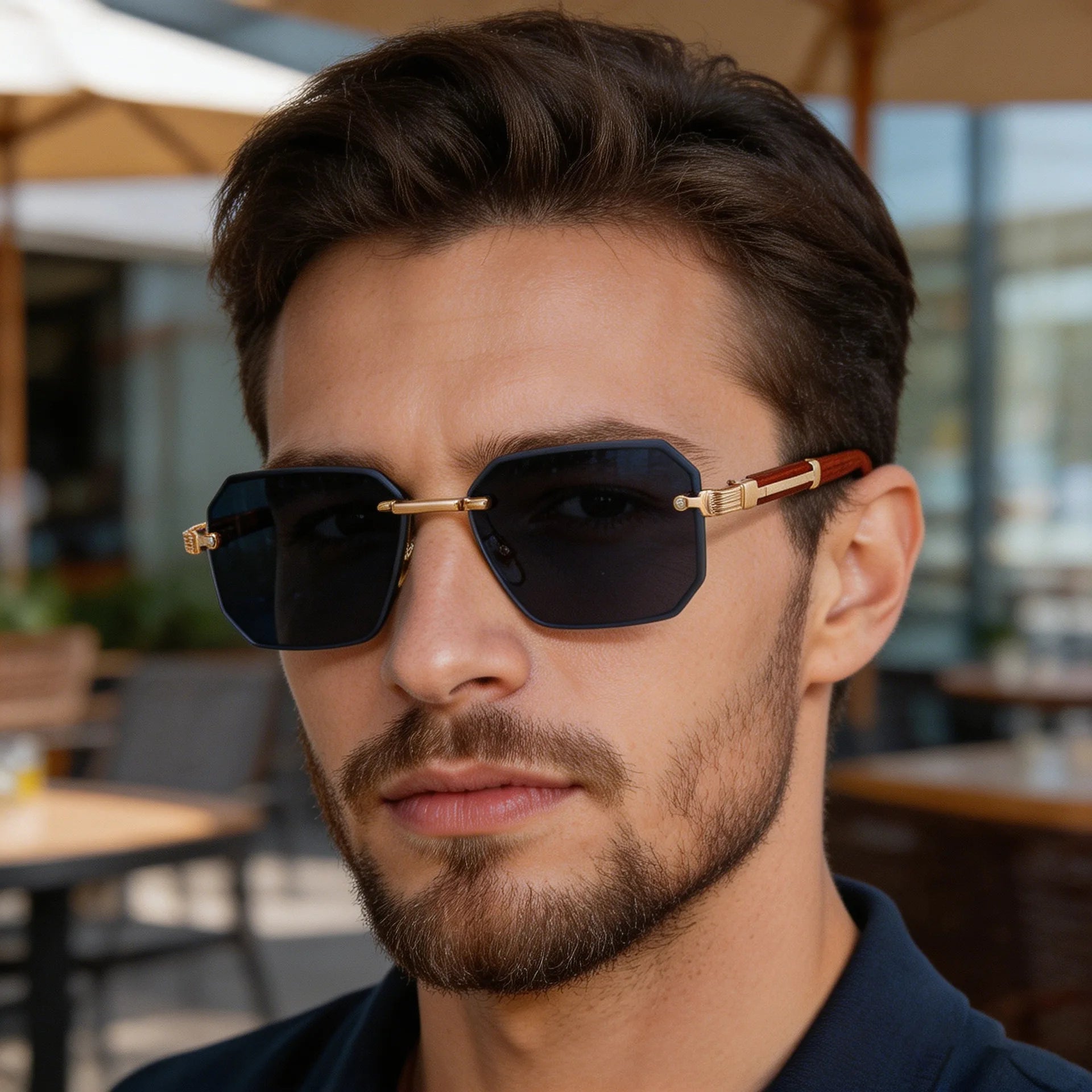  Designer Rimless Diamond Cut Lens Rectangle UV400 Sunglasses for Men