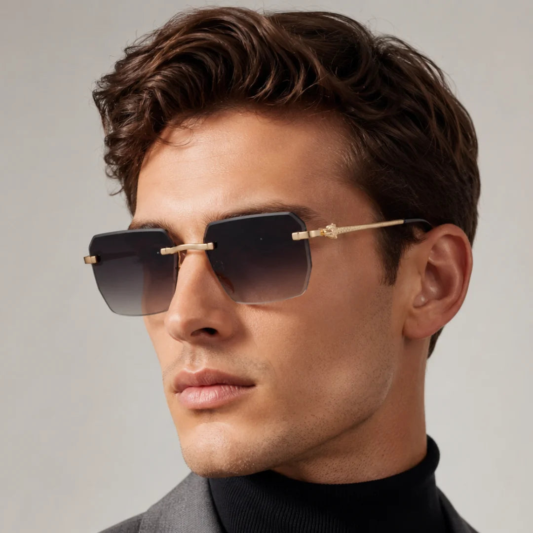  Designer Rimless Rectangle Leopard Head UV400 Shades Sun Glasses Sunglasses for Men