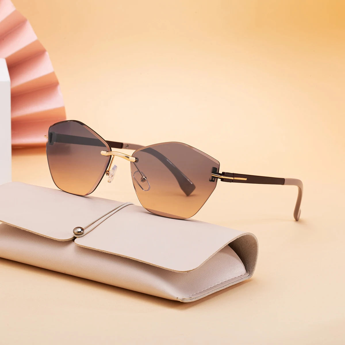 Designer Cat Eye Rimless Diamond Cut Lens UV400 Sunglasses for Women
