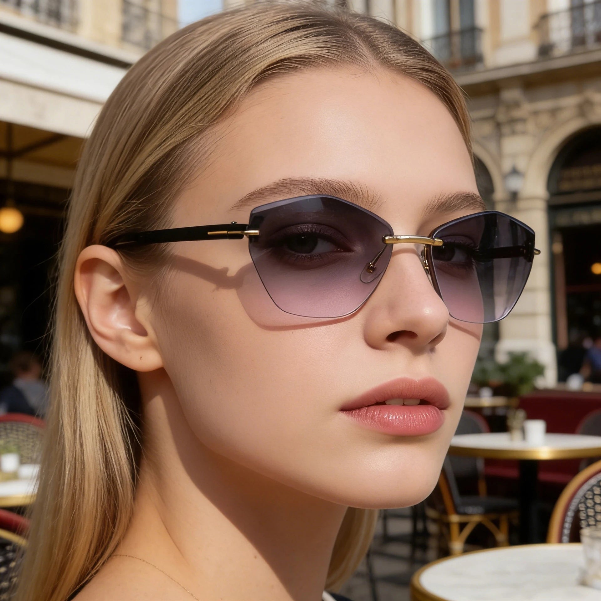Designer Cat Eye Rimless Diamond Cut Lens UV400 Sunglasses for Women