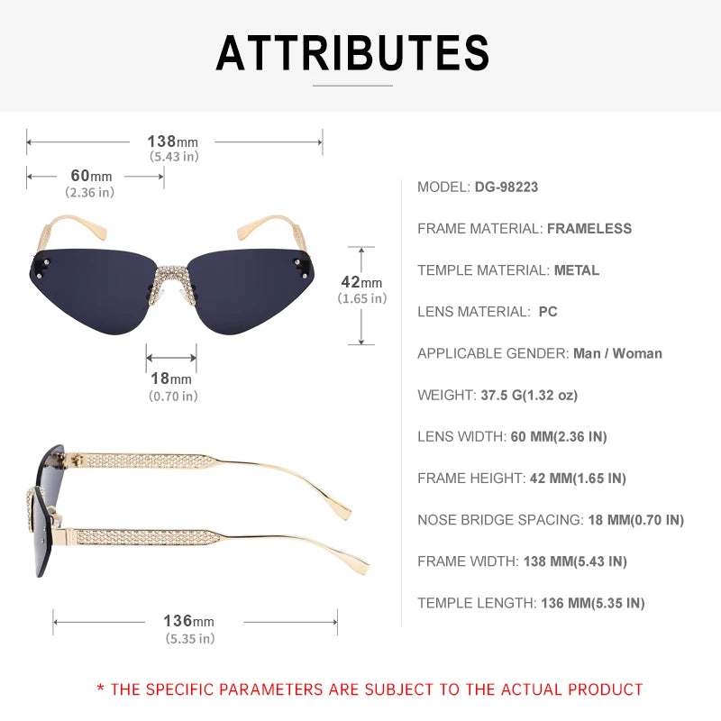 Designer Rimless Rhinestone Metal Temples UV400 Sunglasses for Women