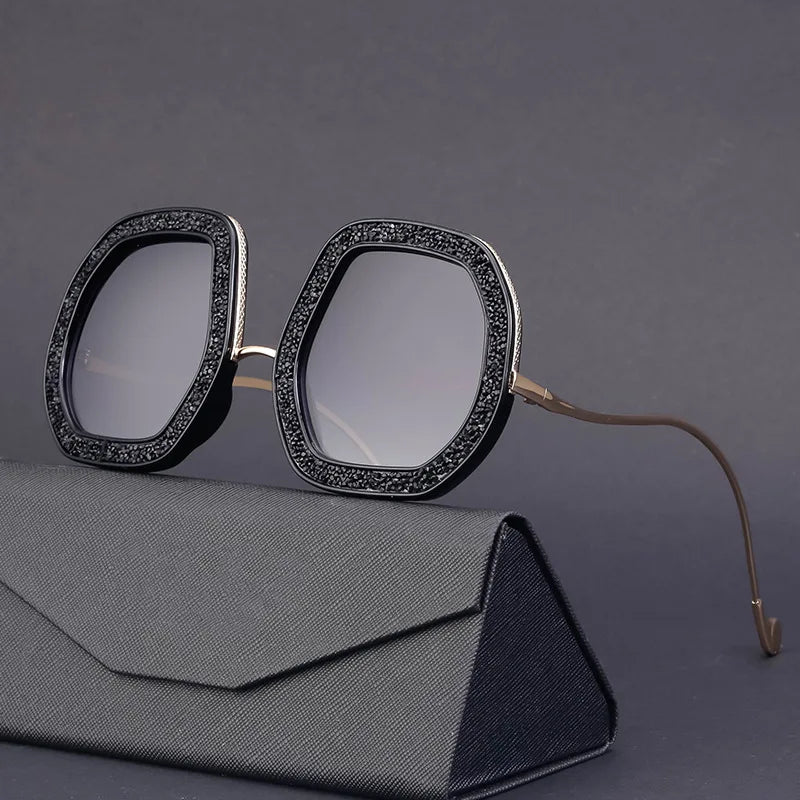 Oversized Irregular Shaped Polygon UV400 Sunglasses with Rhinestone of Women