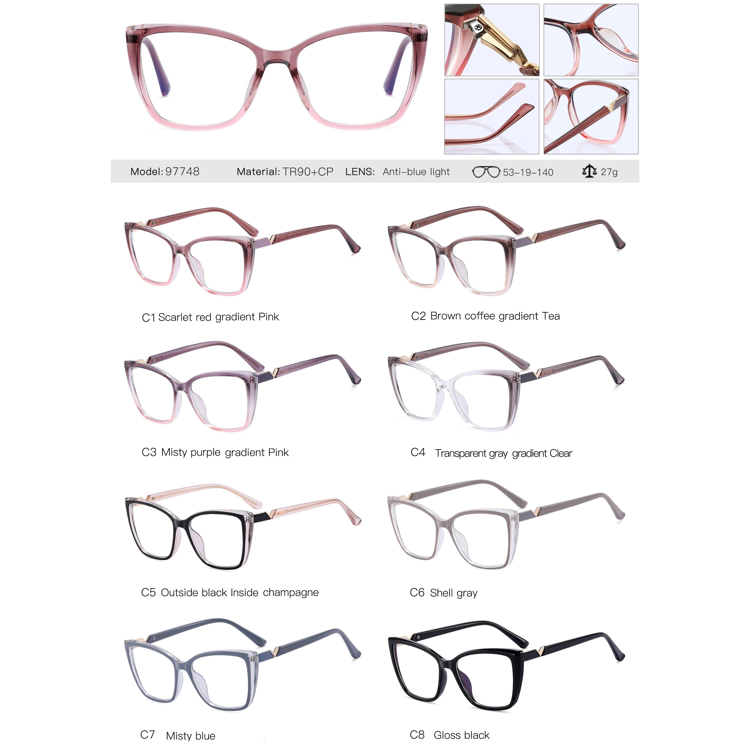  TR90 Frame CP Arms Spring Hinge Eyeglasses for Women